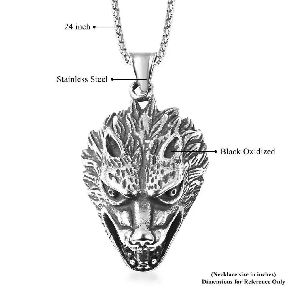 Wolf Head Pendant Necklace 24 Inch